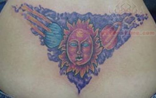 Sun And Planet Tattoo On Lower Back